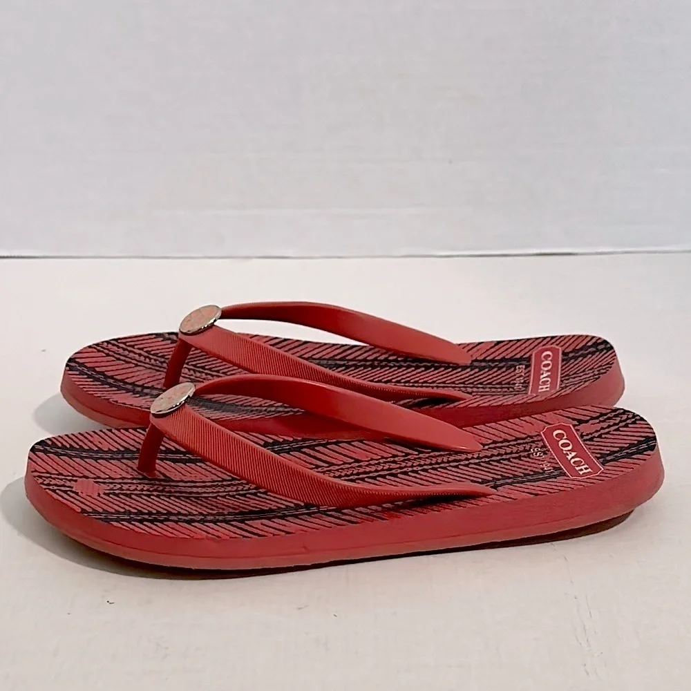 Coach Red Flip Flops with Gold Accents